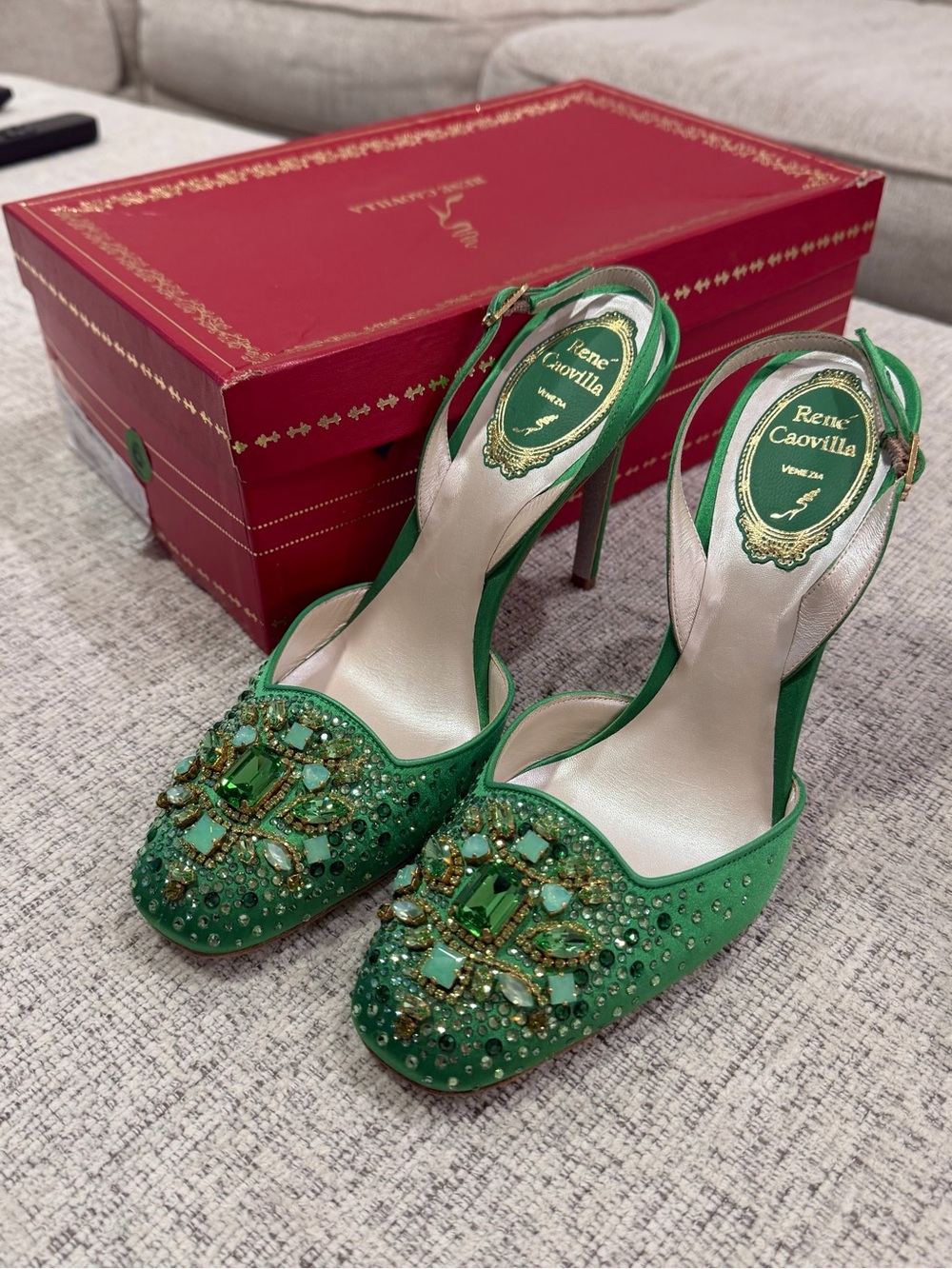 Rene Caovilla Green Satin Printed Slingback Pumps Size 37